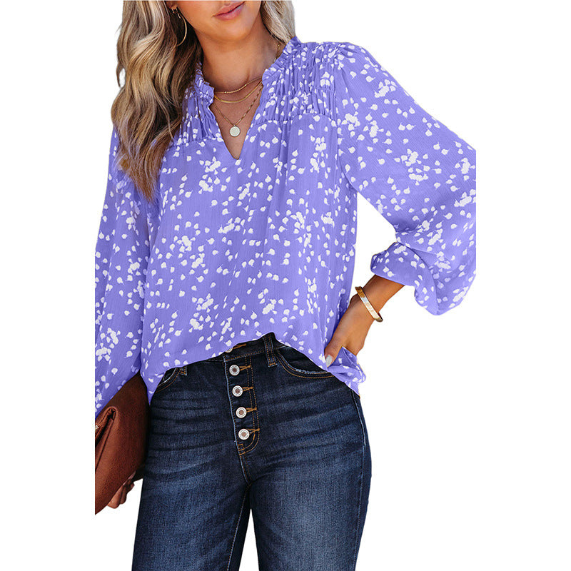 Shiying Yellow Romantic Print Crepe Chiffon Shirt Women's V-Neck Pullover Top