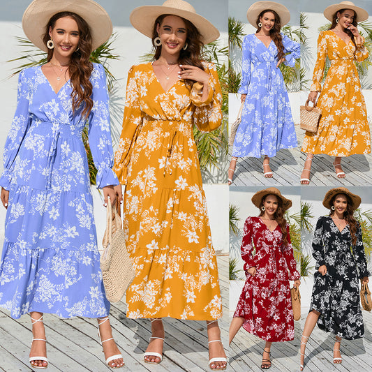 Autumn And Winter New V-Neck Waist Strap Long Sleeve Floral Skirt Long Dress Plus-Size Female