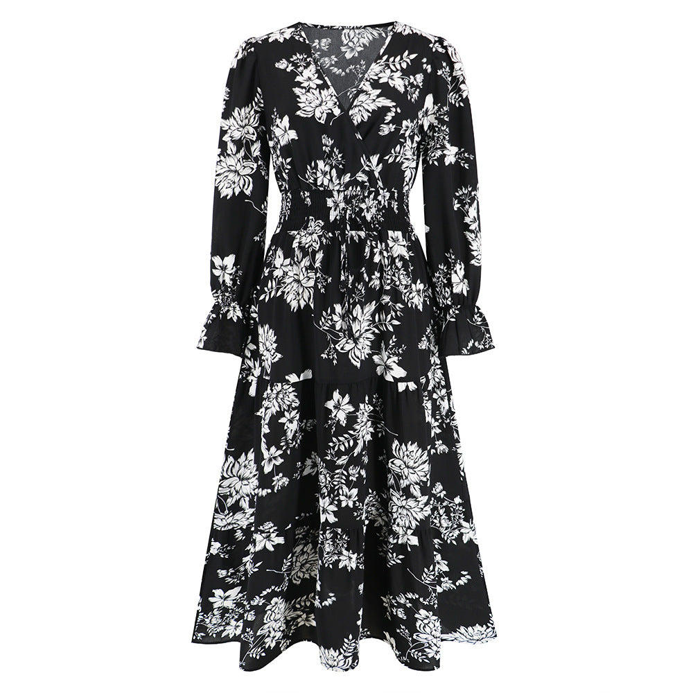 Autumn And Winter New V-Neck Waist Strap Long Sleeve Floral Skirt Long Dress Plus-Size Female