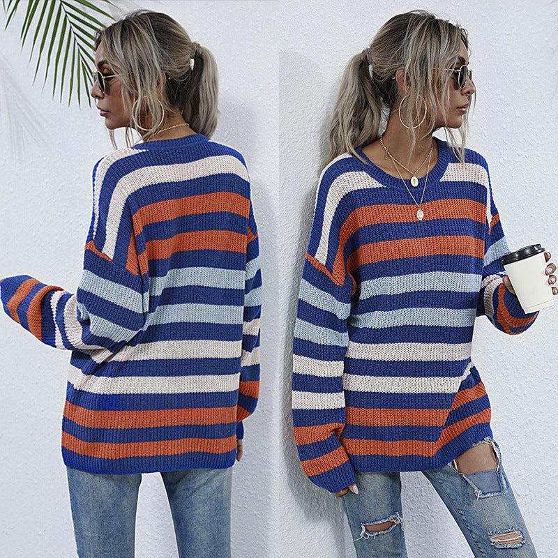 Long Striped Round Neck Knitted Sweater for Women