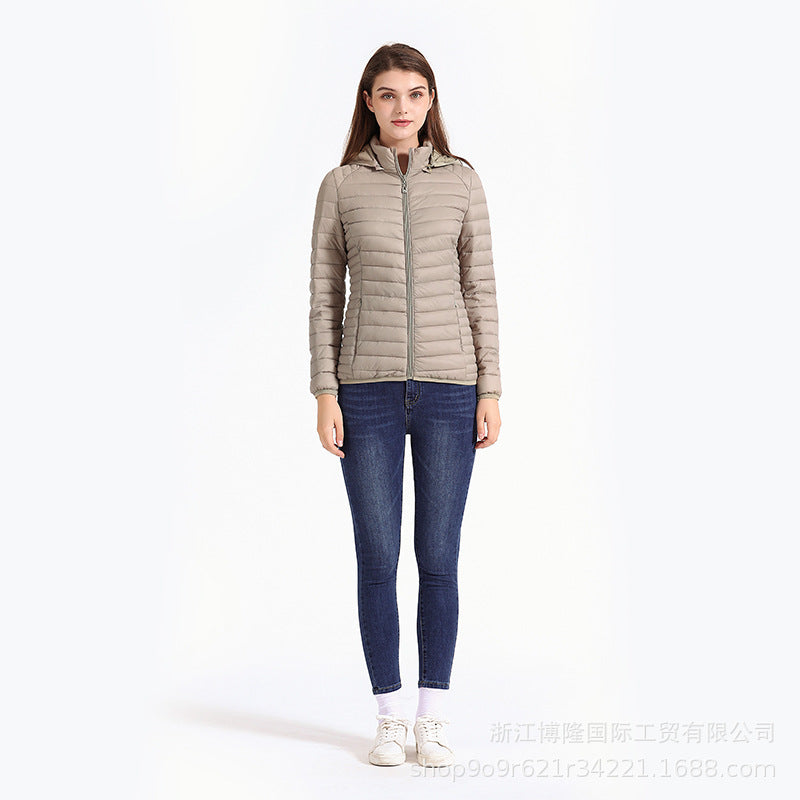 Women's Autumn And Winter Zipper Temperament Commuter Boutique Short With Hat Can Be Detachable Solid Color Stand Collar Light Cotton Jacket