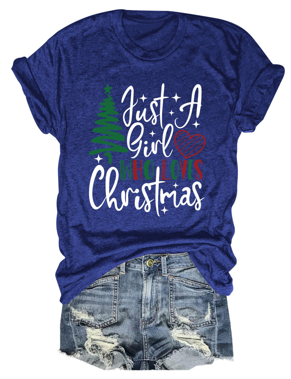 New Just A Girl Fun Christmas Tree Print Round Neck Short Sleeve Female Spot