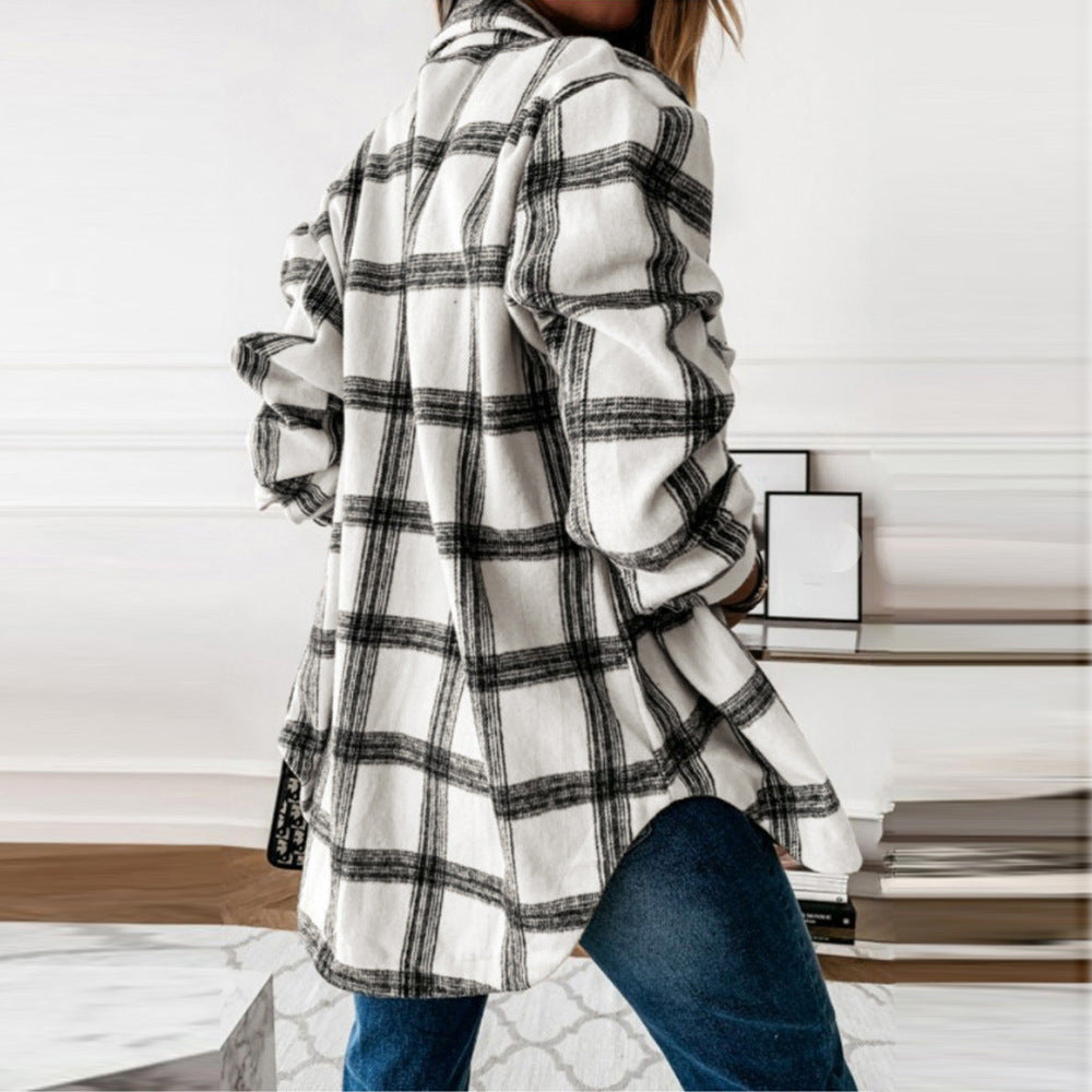 Casual Mid-Length Plaid Jacket Women's Loose Cardigan Lapel Shirt