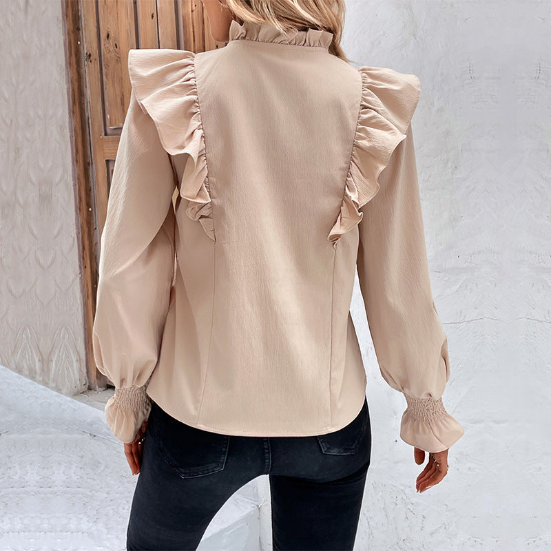 Women's New Spring New Ruffled Long Sleeve Solid Color Shirt Woman