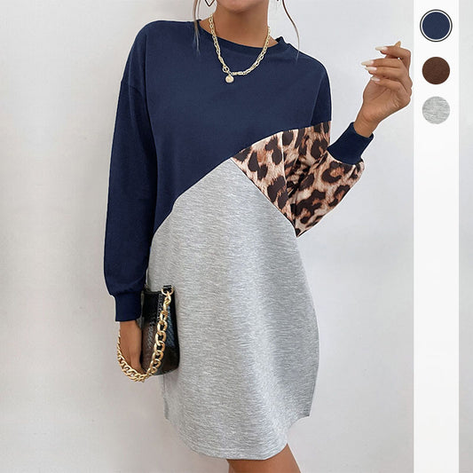 New Autumn New Fashion Women Long-Sleeved Leopard Hoodie Dress