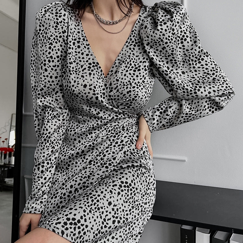 Sexy V-Neck Puffy Sleeve Print Wrap Dress New Spring Fashion Skirt For Women