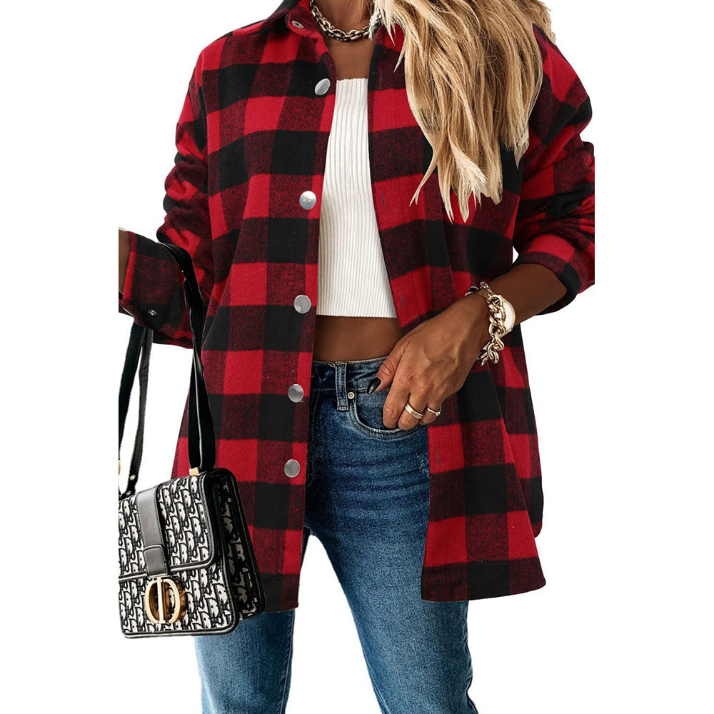 Casual Mid-Length Plaid Jacket Women's Loose Cardigan Lapel Shirt