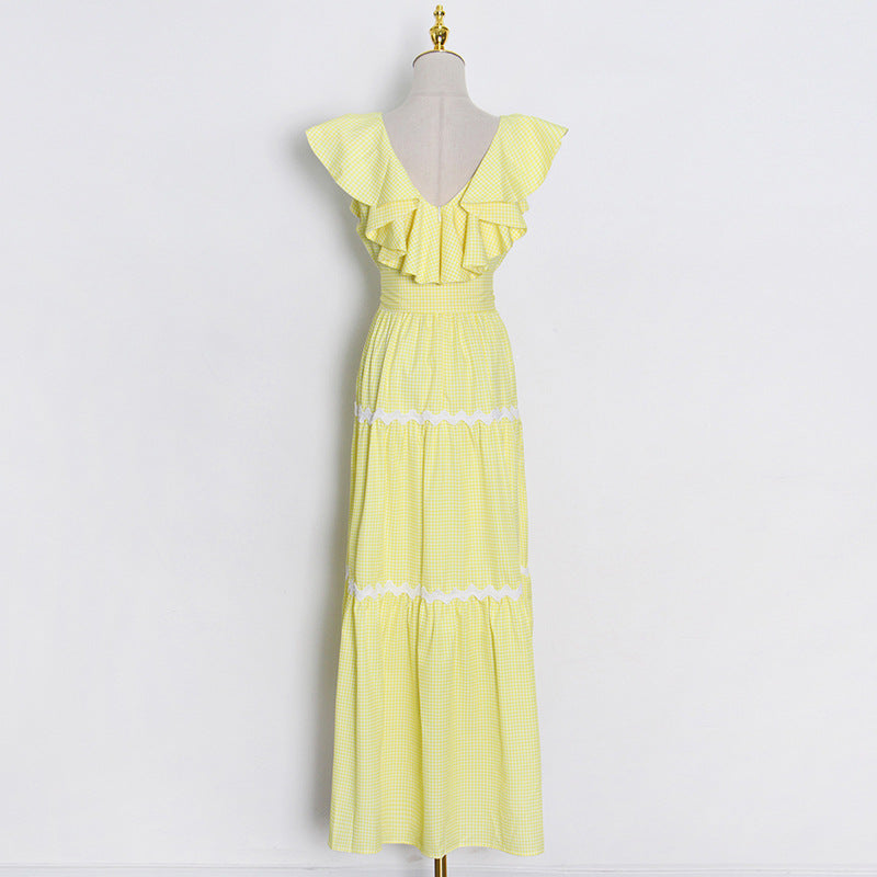 Fashion Early Spring New V-Neck Ruffled Check Splicing High Waist A Word Big Swing Temperament Long Dress Woman