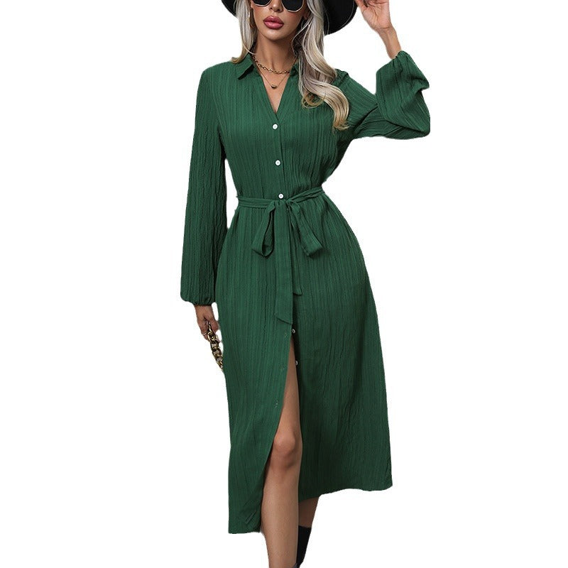 Women's Dress Autumn Long-Sleeved Pleated Cardigan Skirt Commuter Style Lapel Shirt Dress