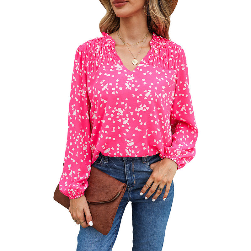 Shiying Yellow Romantic Print Crepe Chiffon Shirt Women's V-Neck Pullover Top