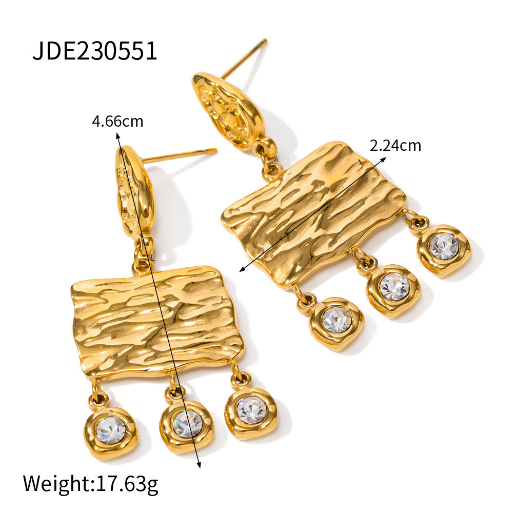 5pcs Ring 18K Gold Stainless Steel Wood Grain Square Brand With Zircon Fringe Pendant Earrings Do Not Fade Ring