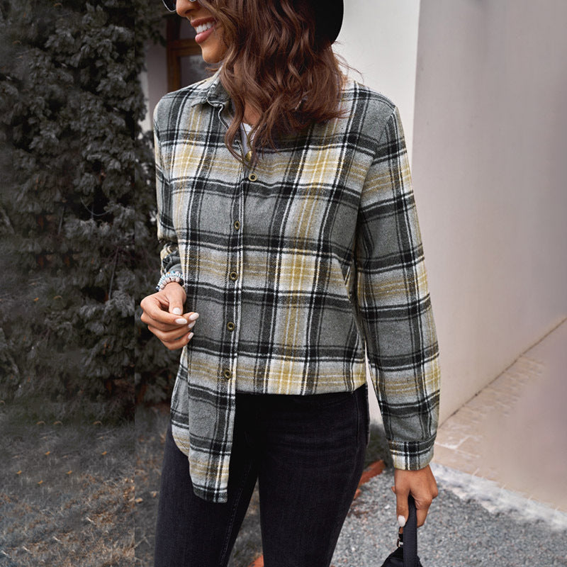 Autumn Mid-Length Plaid Shirt Women's Year Lapel Loose Long-Sleeved Top