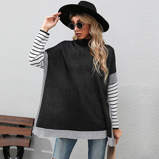 New Autumn And Winter Women's Long-Sleeved Striped Half-Turtleneck Loose Sweater