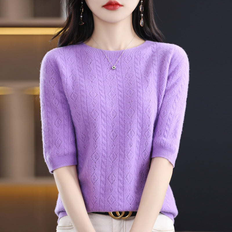 New Spring And Summer Round Neck 100 Knitwear Women Hollow Half Sleeve Bottom Top Knitting