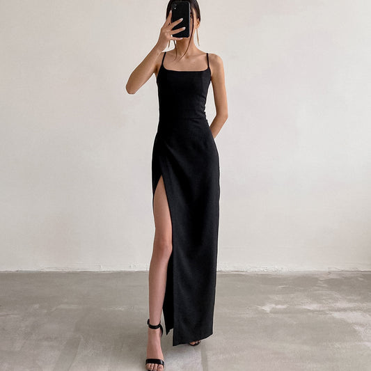 Summer New Square Collar Sleeveless Slip Dress Slim-Fit Long Skirt Slim Tall Slit Black Dress