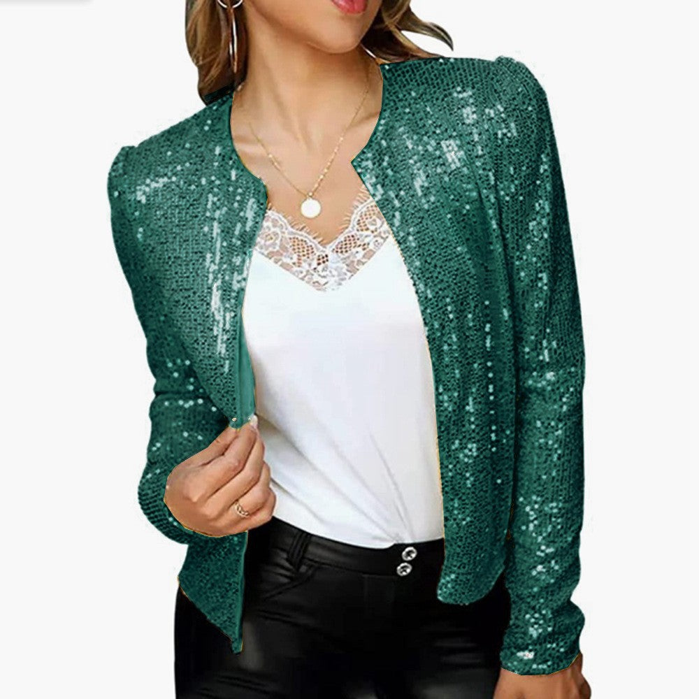 Spring New Women's Fashion Stand Collar Matching Color Sequin Coat Short Casual All-Matching Small Coat