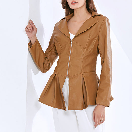 Women's New Leather Lapel Waist Slimming Splicing Bottom Spring And Autumn Coat Women's Fashion Casual Jacket