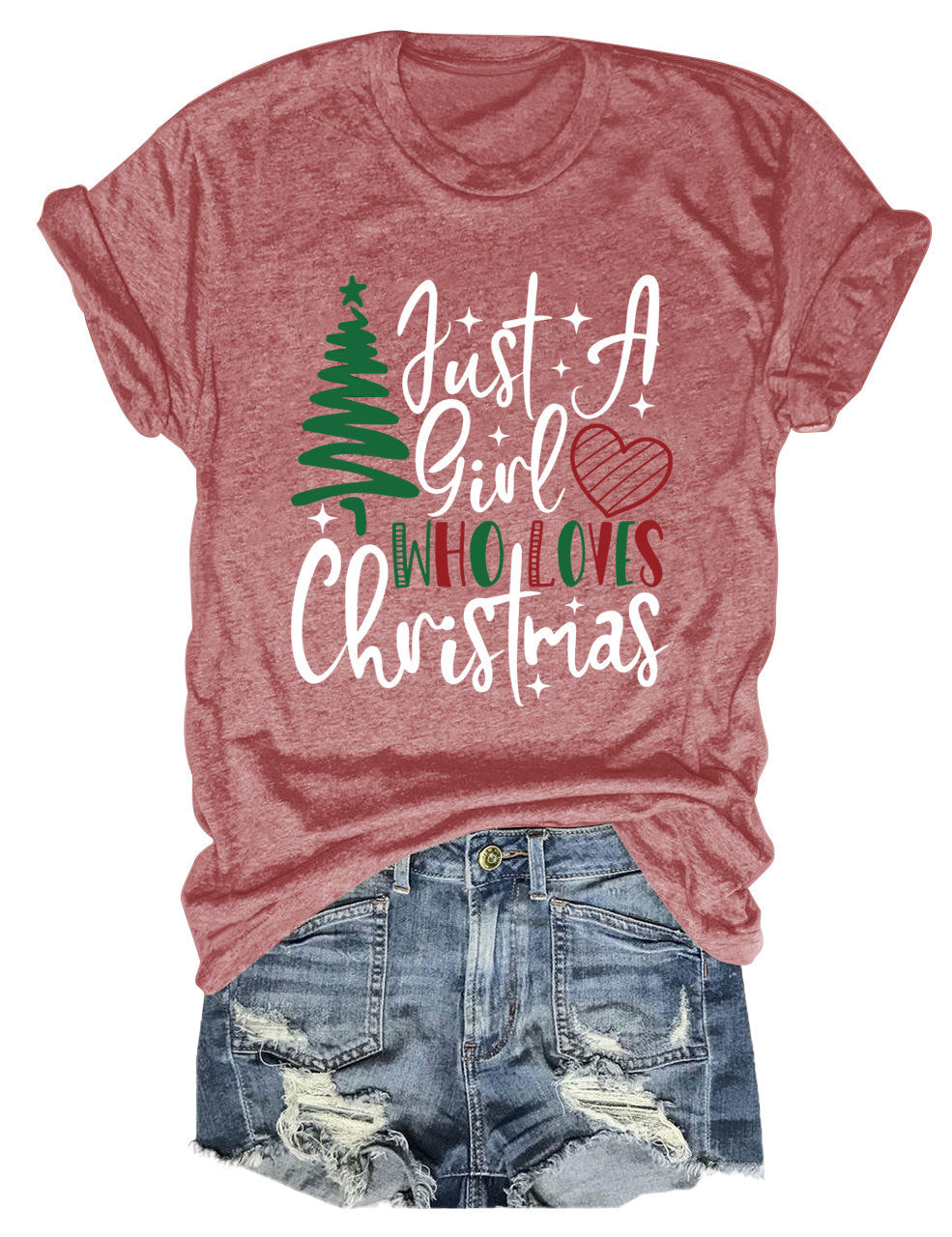 New Just A Girl Fun Christmas Tree Print Round Neck Short Sleeve Female Spot