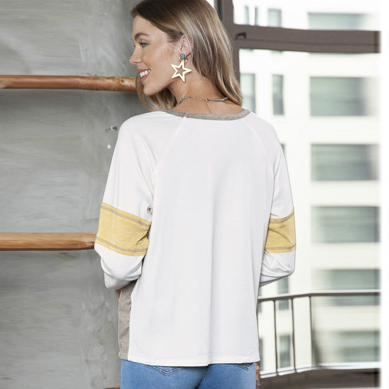 Autumn New Spliced Round Neck Long Sleeve T-Shirt Women Fashion Color Contrast Loose Undershirt Women