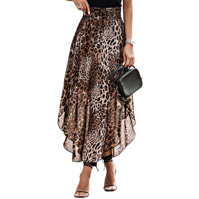 Summer Long Skirt Women Draw Pleated Waist Leopard-Print Skirt Women Hot Sell Side Slit High-Waisted Chiffon Long Skirt