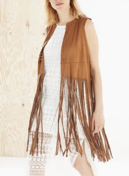 Off-The-Shelf Style Shawl Suede Fringed Waistcoat For Women Sleeveless Mid-Length Clip