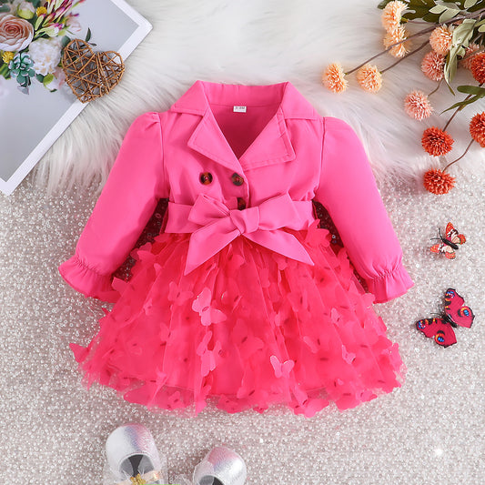 Spring And Autumn New Rose Red Sweet And Lovely Wind Children's Butterfly Gauze Pongee Skirt