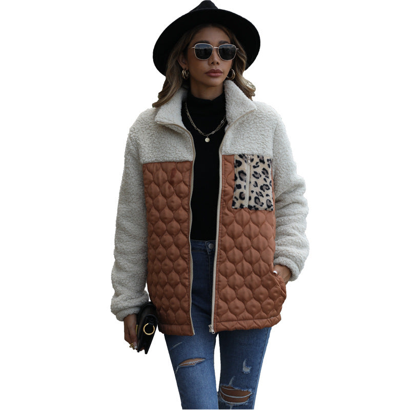 Glitter New Casual Plush Women's Long Sleeve Loose Round Neck Splicing Zipper Animal Print Double-Sided Velvet Coat