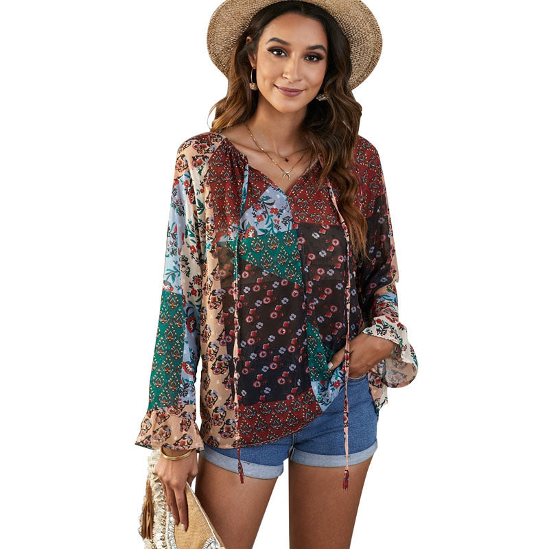 Summer New Long Sleeve Floral Chiffon Loose Casual V-Neck Pullover