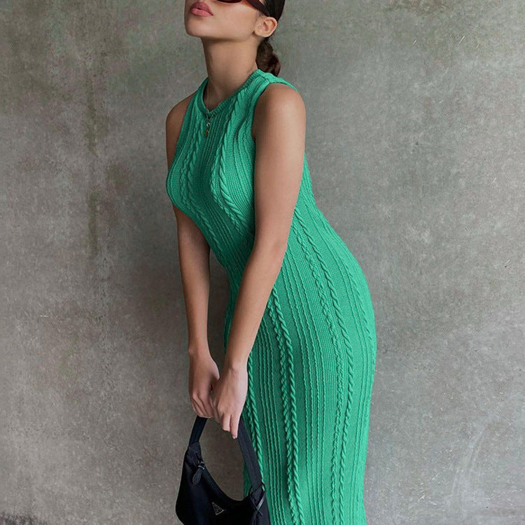 Style Bag Hip High Waist Slim Solid Color Plus Size One-Step Skirt Knitted Sleeveless Pullover Round Neck Dress