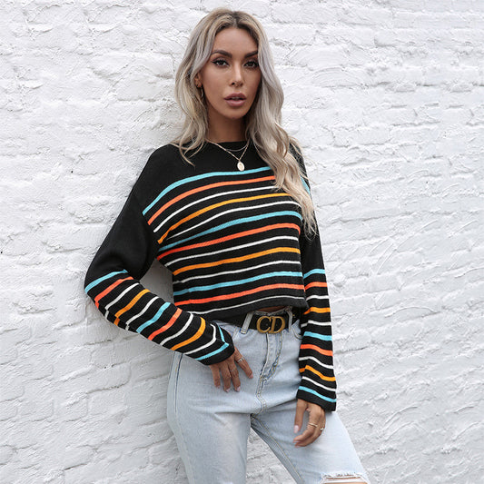 Women's Autumn Knitted Pullover Striped Long-Sleeved Crewneck Bottom Sweater Woman