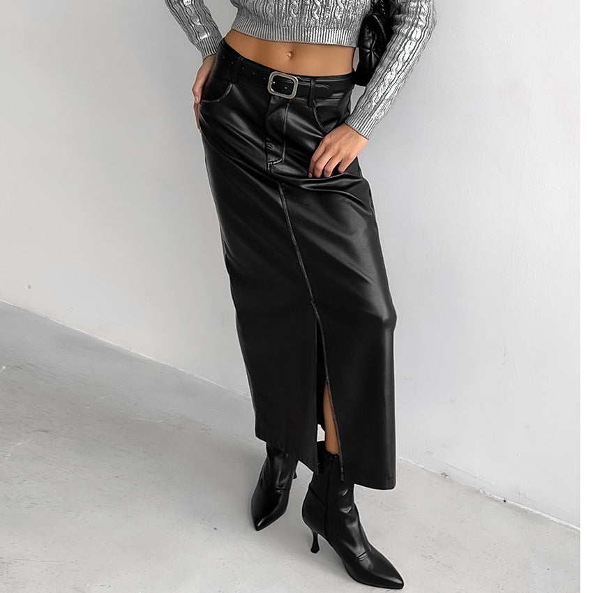 Vintage Fleece Leather Skirt Skirt Fashion Black High Waist Split Straight Leather Skirt Package Hip Skirt Women's Dress