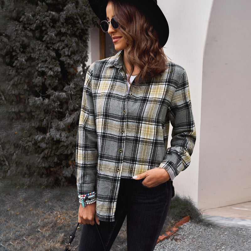 Autumn Mid-Length Plaid Shirt Women's Year Lapel Loose Long-Sleeved Top