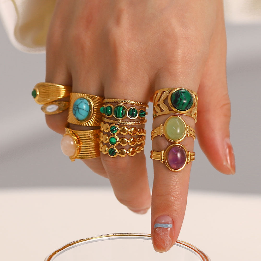 5pcs Vintage Stainless Steel Ring 18K Gold Plated Ring Set With Malachite Jewelry Accessories