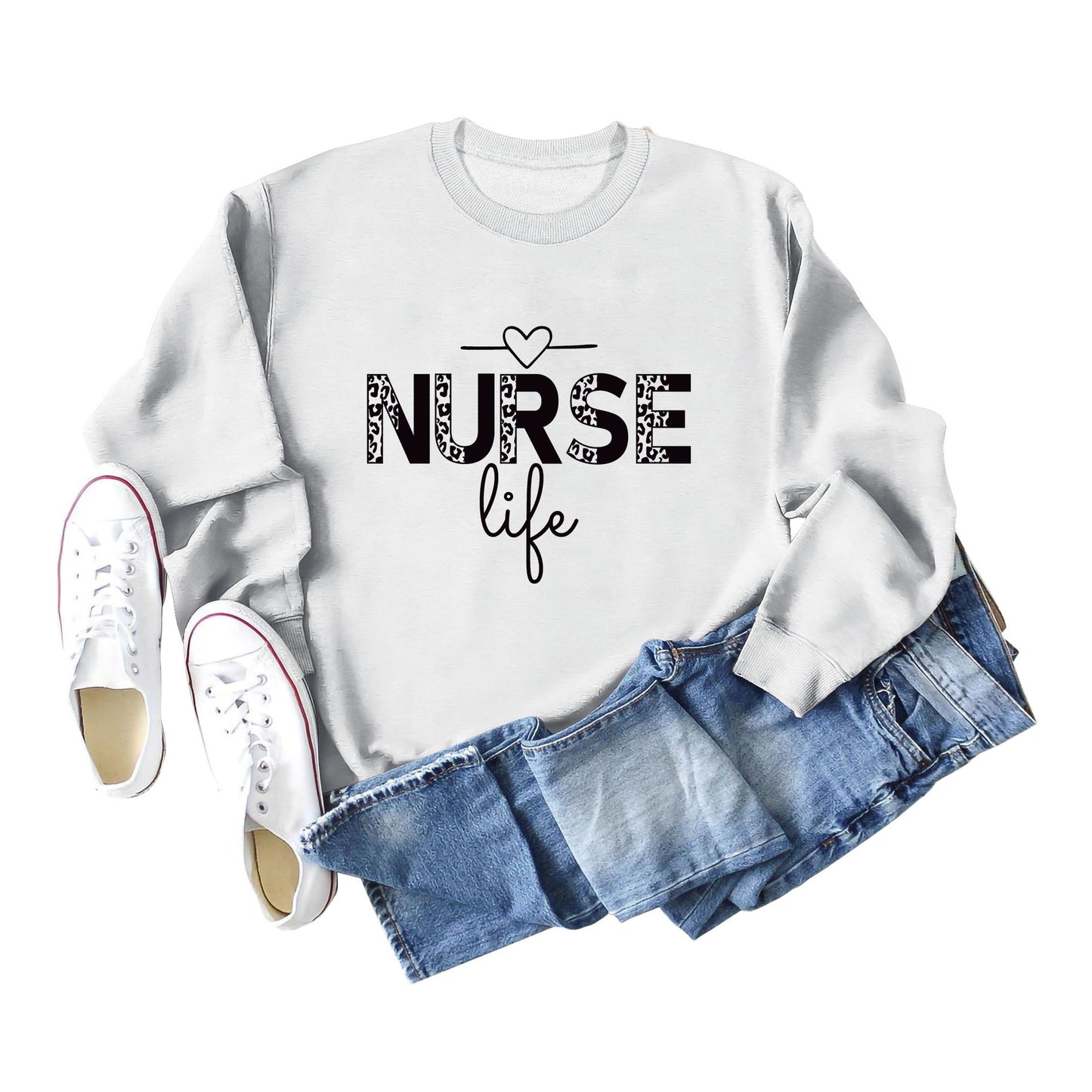 Pullover Crew Neck Top Long Sleeve Nurse Life Print Loose Hoodie