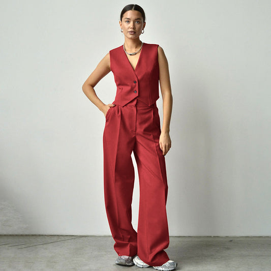 Red Suit Waistcoat Vest Wide Leg Pants Two-Piece Autumn And Winter New Temperament Suit Woman