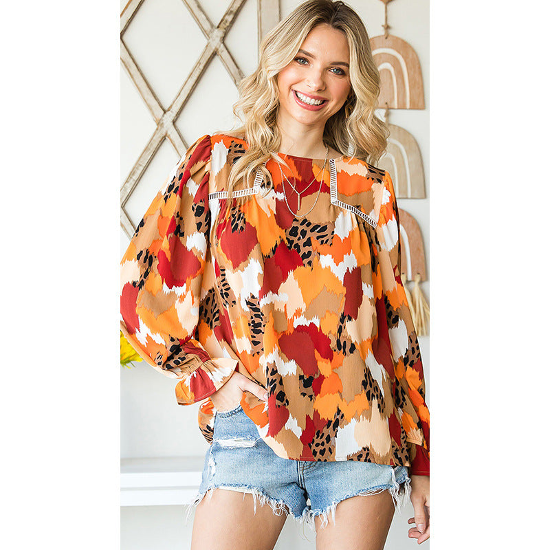 Fluffy Sleeve Chiffon Shirt Women's Round Neck Pullover Long Sleeve Top