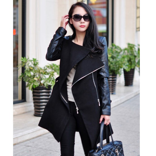 Extraordinary Medium Length Plus Size Coat Spliced Leather Sleeve Wool Coat Trench Coat