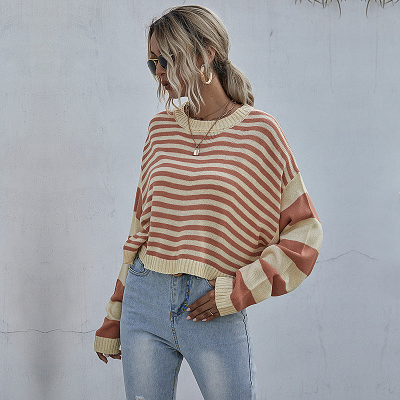 Women's Striped Round Neck Loose Knit Short Sweater Female Match