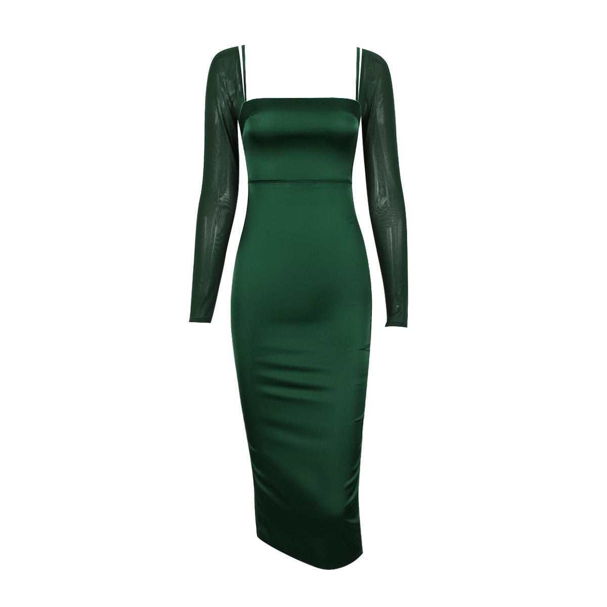 Women's New Mesh Long Sleeve Sexy Square Neck Backless Dress Skirt Slim Slit Green Midi Skirt