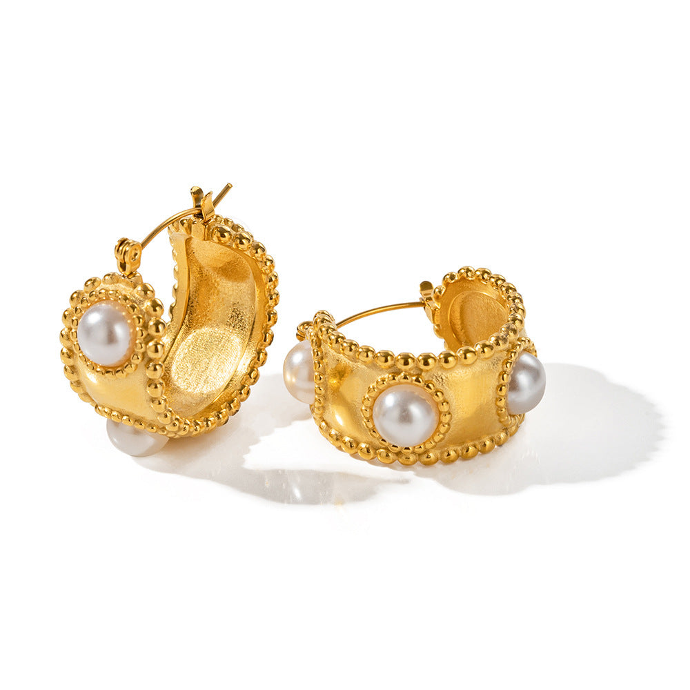 5pcs Fashionable Novel 18K Gold Stainless Steel C-Shaped Inlaid Pearl Earrings Do Not Fade Earrings Fashion Accessories