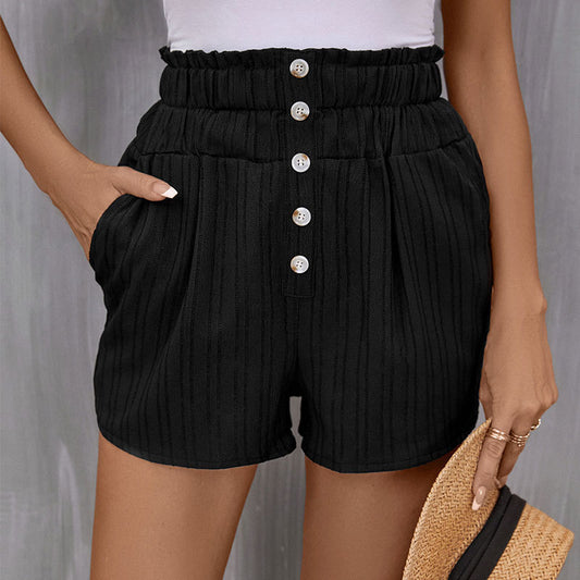 Women's Casual All-Match Pocket Shorts High-Waisted Button Shorts Summer Elastic-Waisted Short Pants