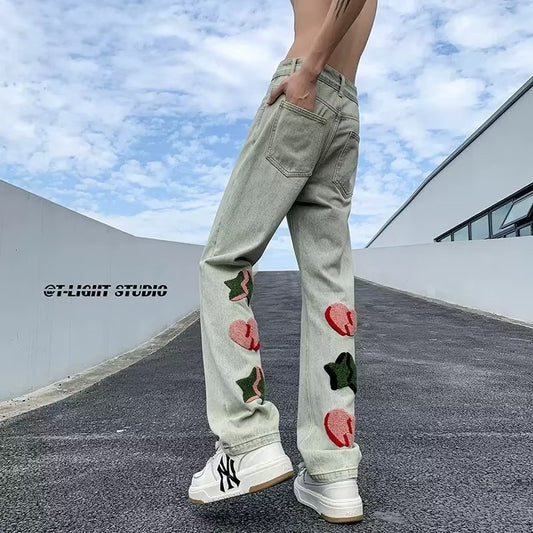 Men Niche Spring And Autumn High Street Vibe Slim Pants Towel Embroidered Straight Leg Casual Pants Jeans