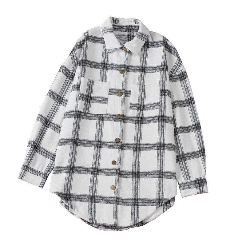 Casual Mid-Length Plaid Jacket Women's Loose Cardigan Lapel Shirt