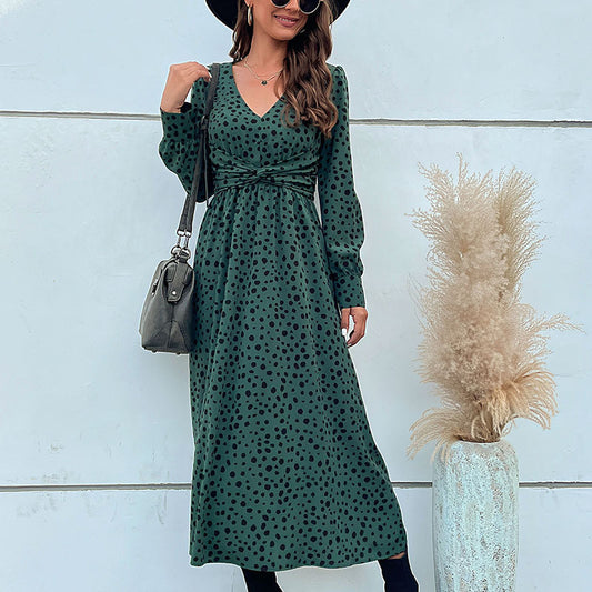 Fashion Women's New Green Long-Sleeved Leopard Print Long Dress