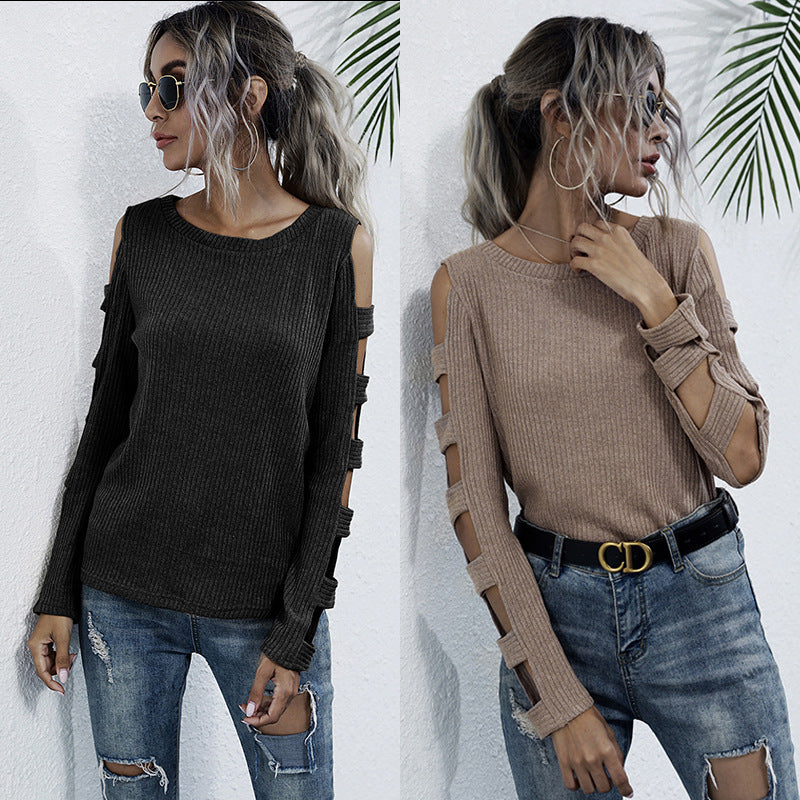 Autumn Off-Shoulder Slim-Fit Sweater Women Hollow Long-Sleeved Bottom Knit