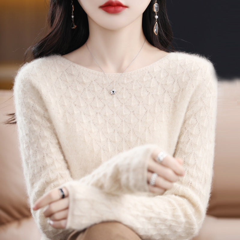 Early Spring New 100 Woolen Sweater Women's Round Neck Sweater Hollowed Out All-Over Cashmere Sweater Base