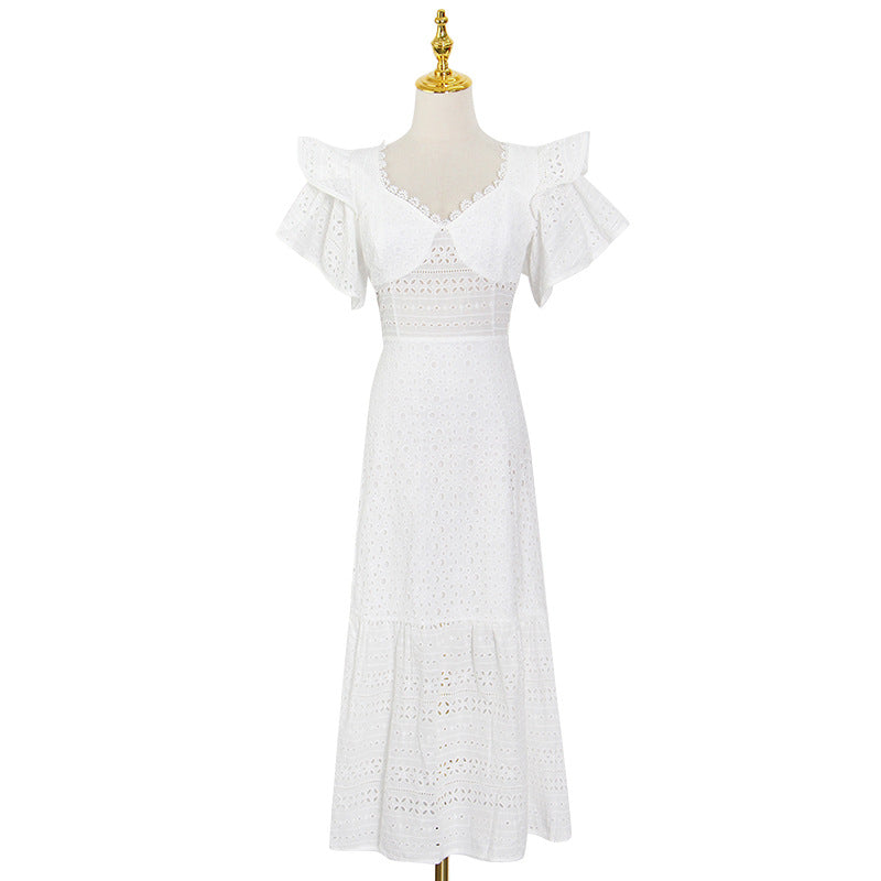 Solid Color Big Skirt Spring Crocheted Lace Square Collar Flying Sleeve Long Slit Dress