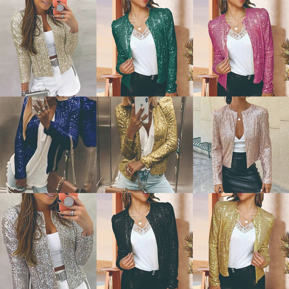 Spring New Women's Fashion Stand Collar Matching Color Sequin Coat Short Casual All-Matching Small Coat