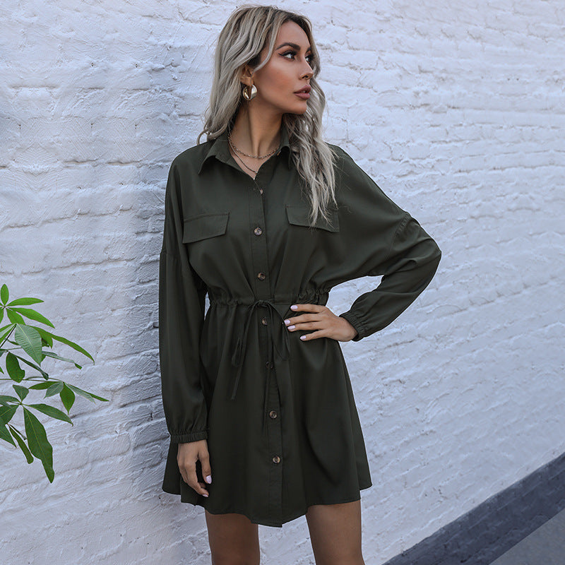 Early Autumn Double Drawstring Shirt Dress Solid Color Lapel Long-Sleeved Shirt Dress