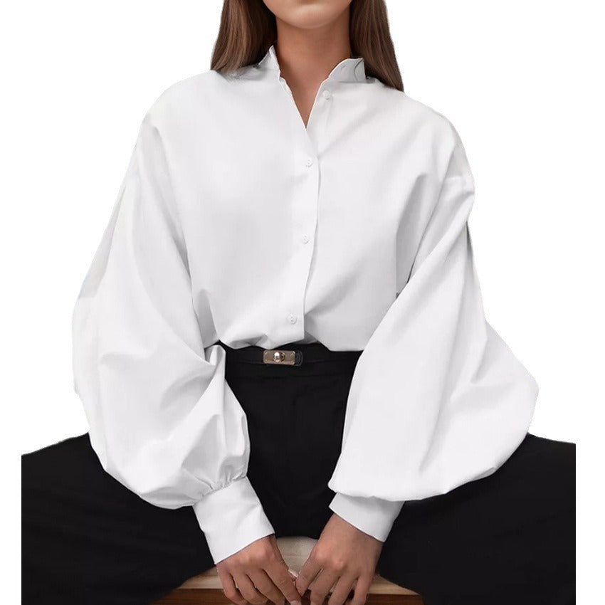 Spring Neutral Minimalist Wildberries Sexy Lapel Lantern Sleeve Cardigan Shirt For Women